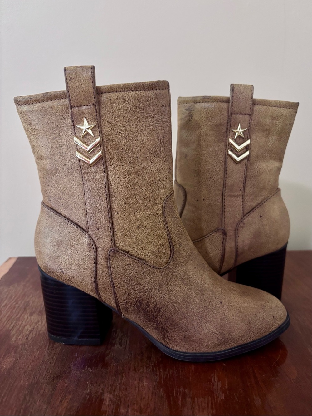 Rampage| Tan Faux Leather Mid-Calf Military Logo 2.5” Block Heel Booties Sz 6